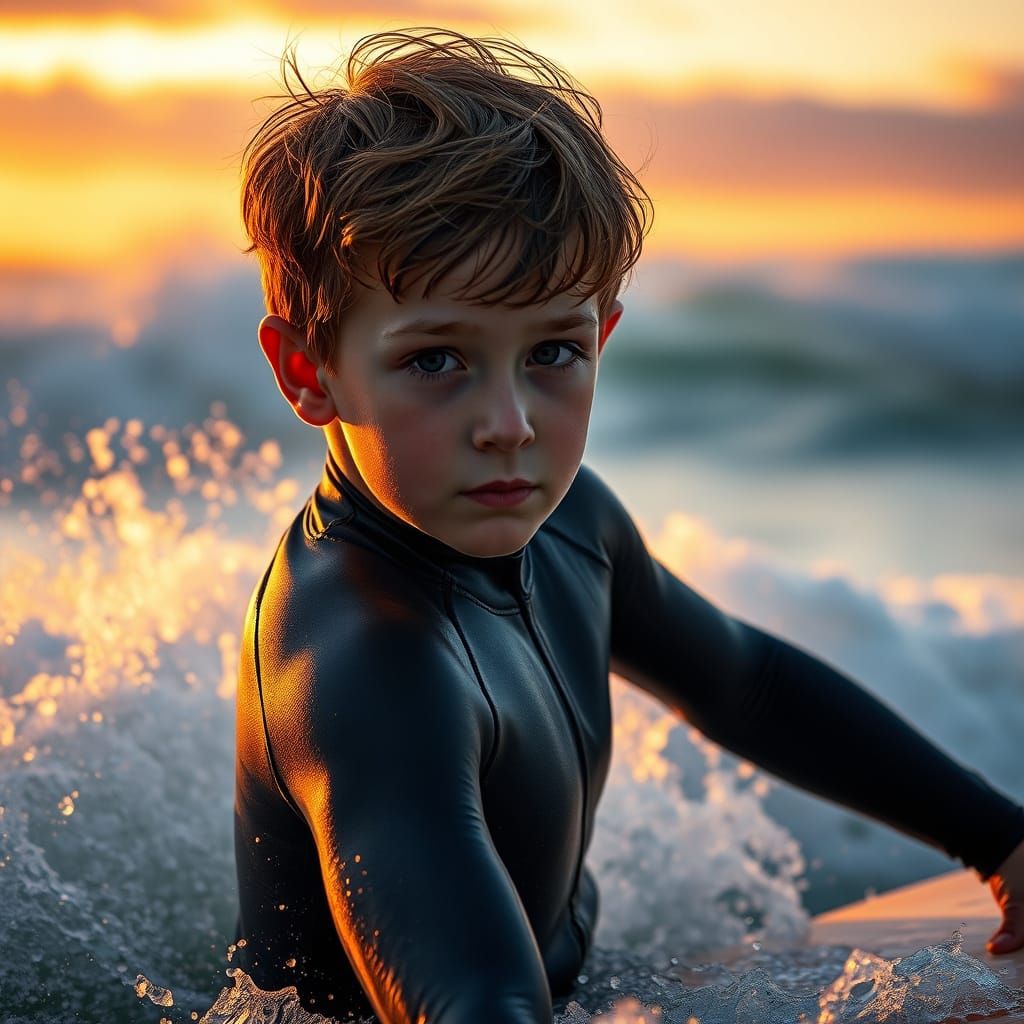 Sleek Surfer Caught in Turbulent Sunset Waves in Hyperrealis...