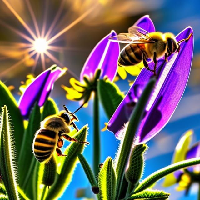 two honeybees flying