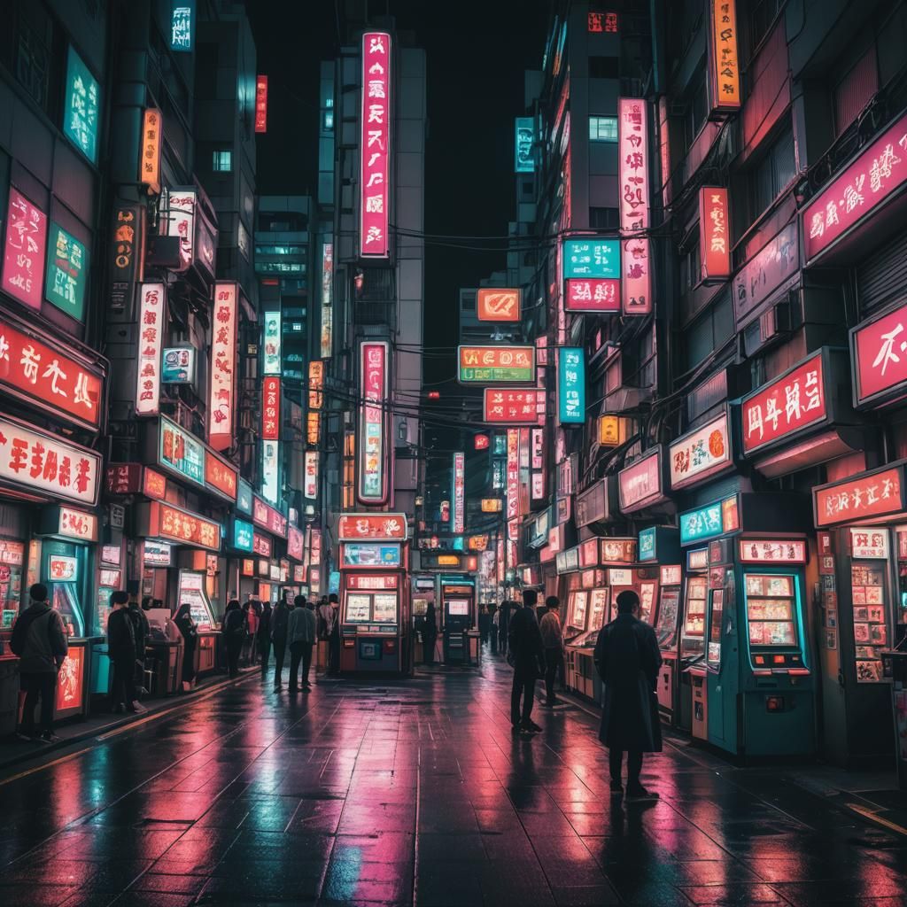 a neon cyberpunk downtown tokyo with arcade machines lining ...