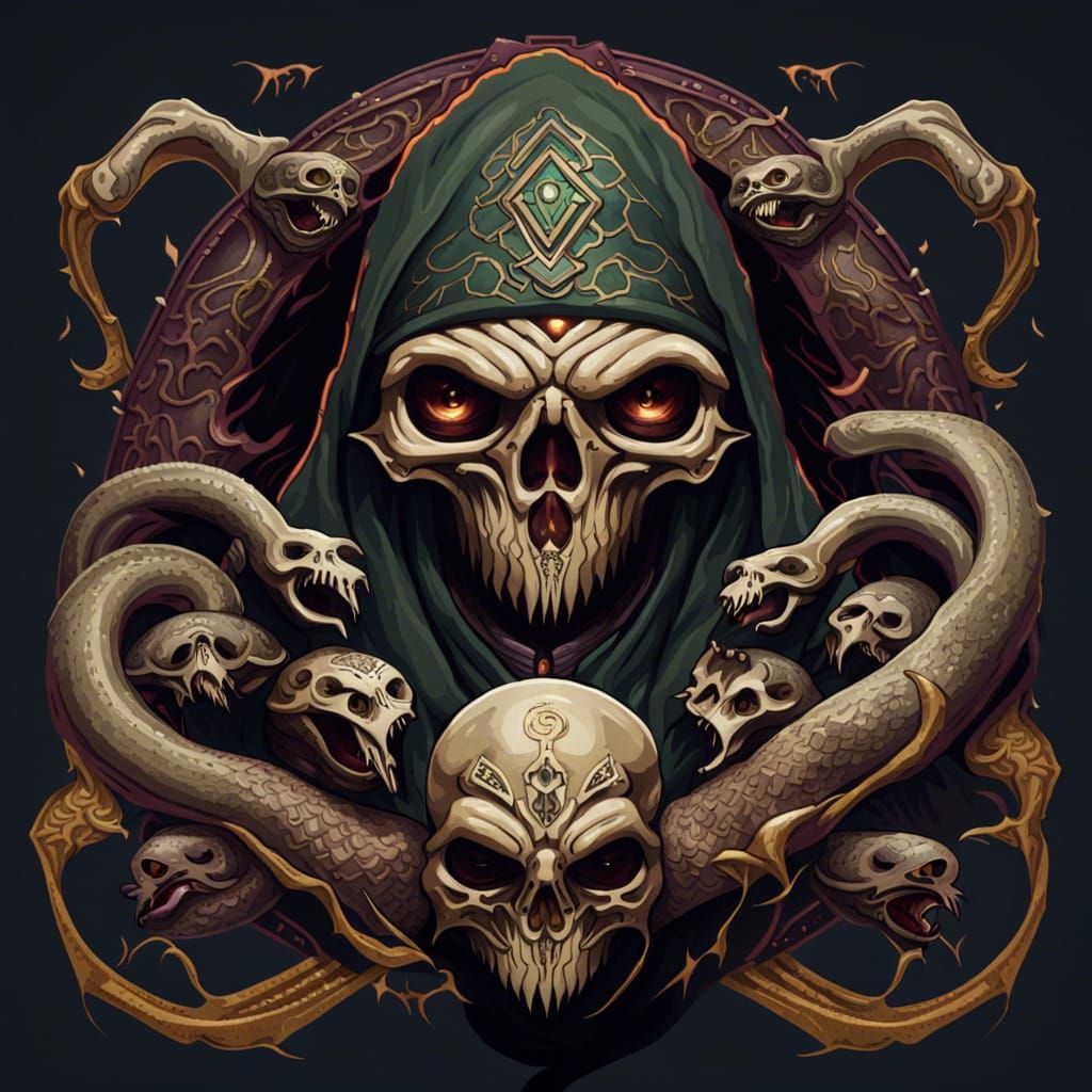 hyperdetailed WIZARDS and WARLOCKS holding a skull with snake coming ...