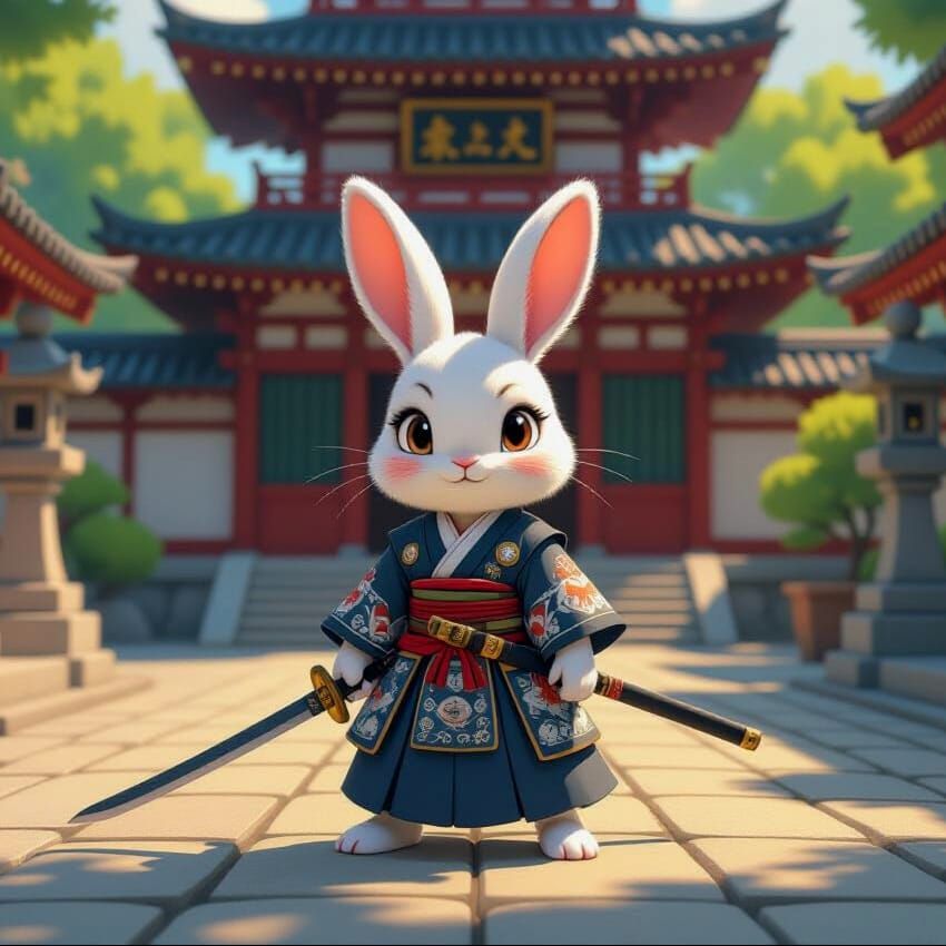 Female white rabbit in samurai outfit in front of traditional Japanese building 