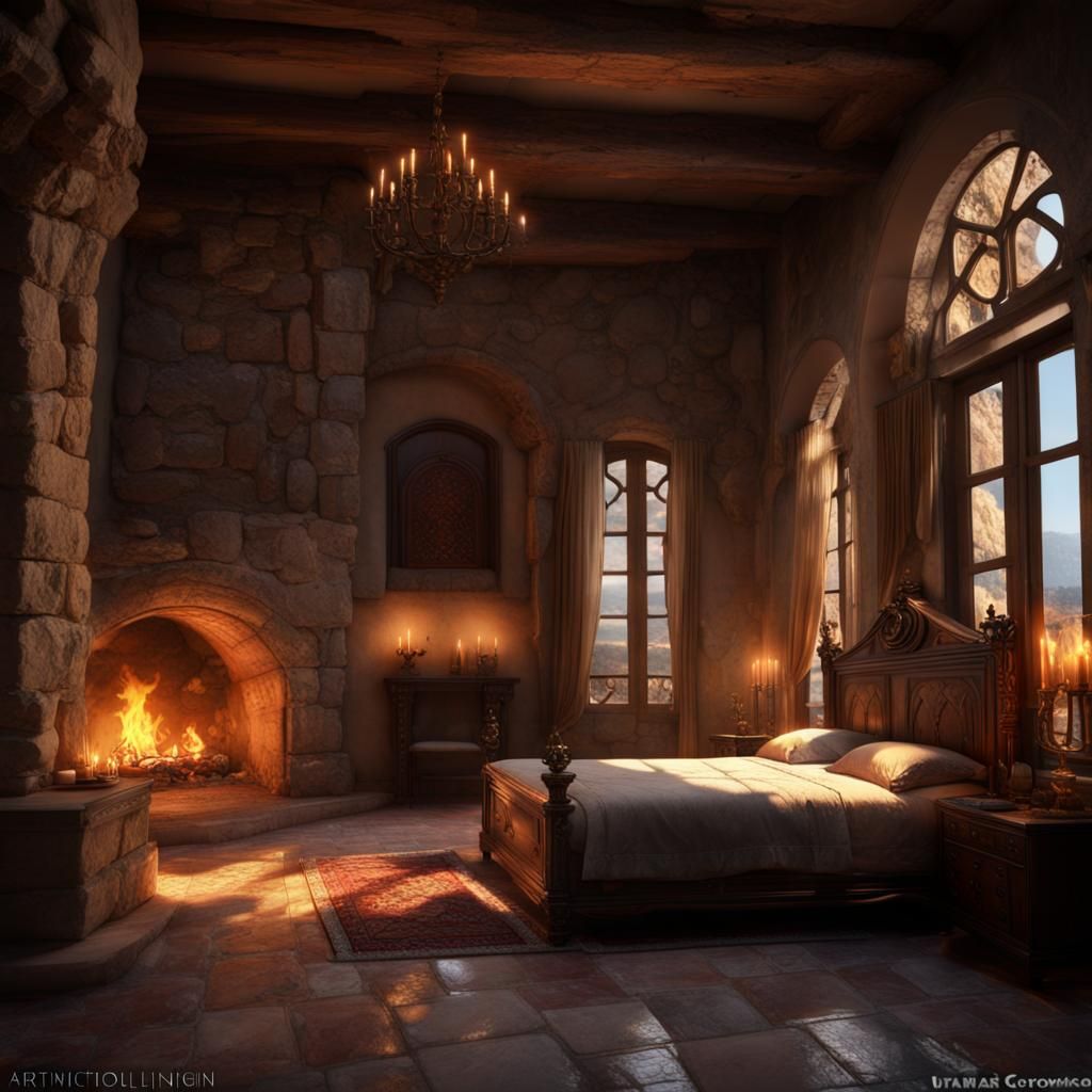 12th century mediterranean bedroom with fireplace. marbled s...