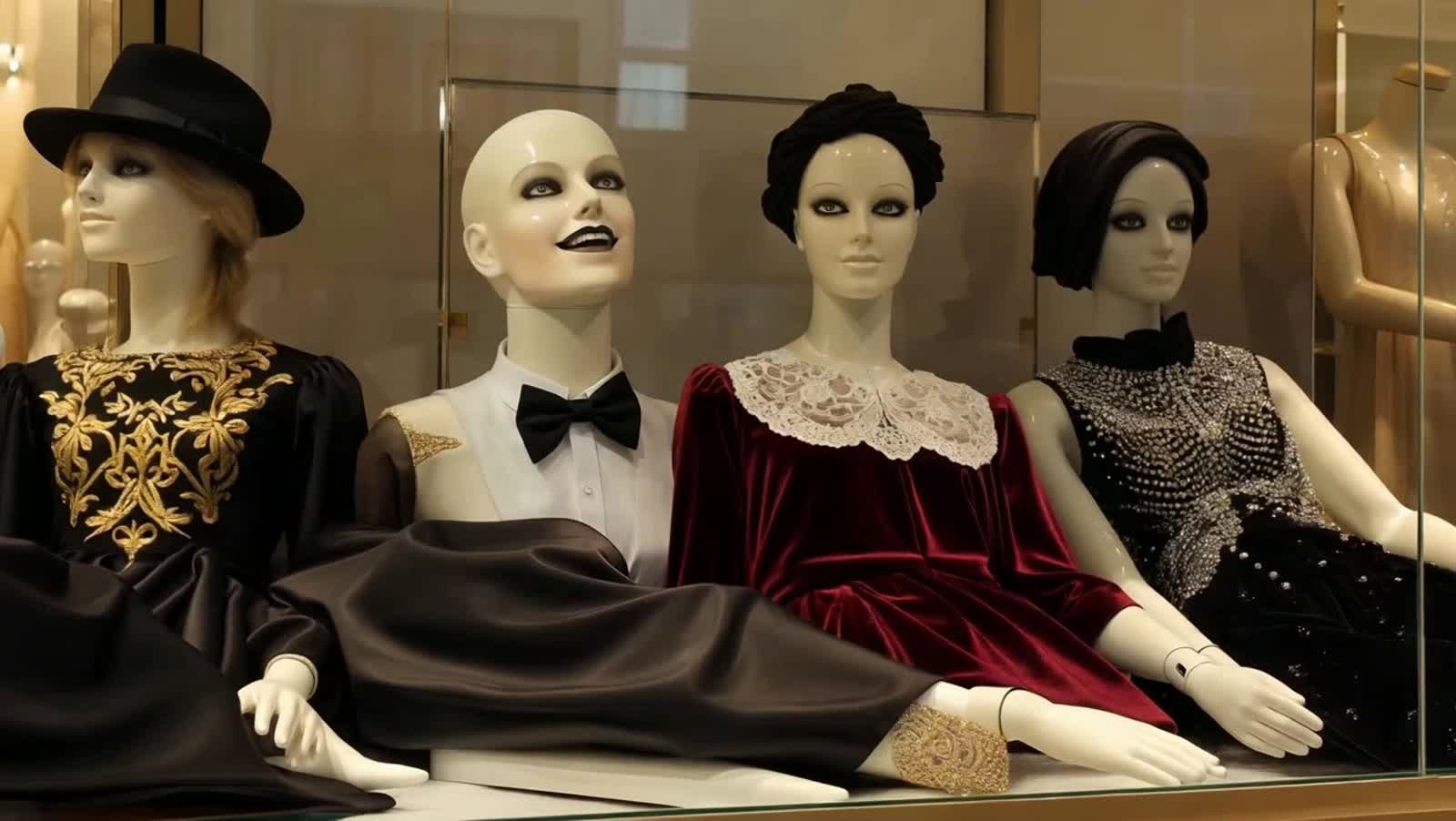 Mannequins are laying on the shop window. Suddenly one of them is turning its head towards the viewer and smiles intrusi...