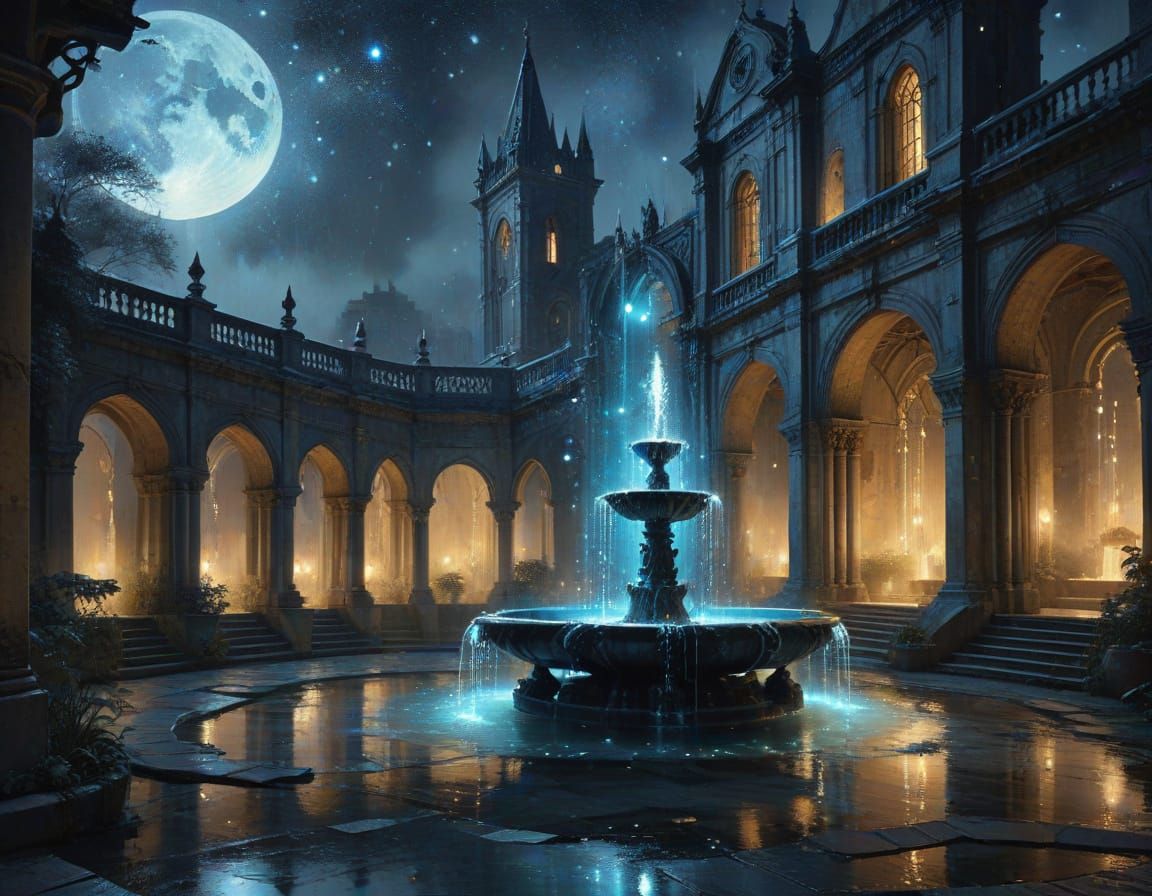 Glowing fountain in a moonlit courtyard..