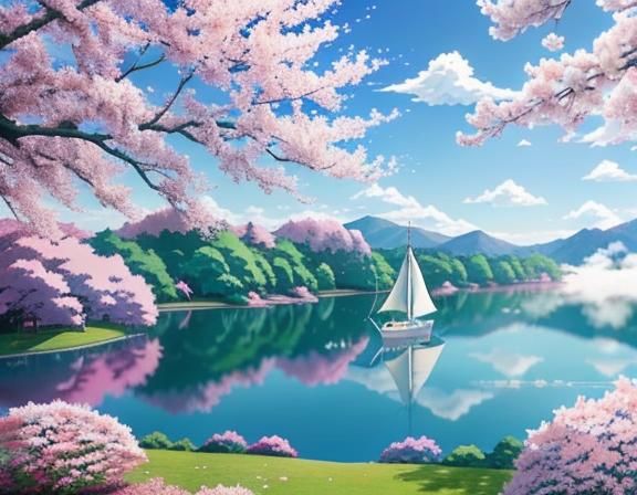 A ,BEAUTIFUL  LAKE, WITH A SAILBOAT ON THE LAKE,CENTERED, BL...