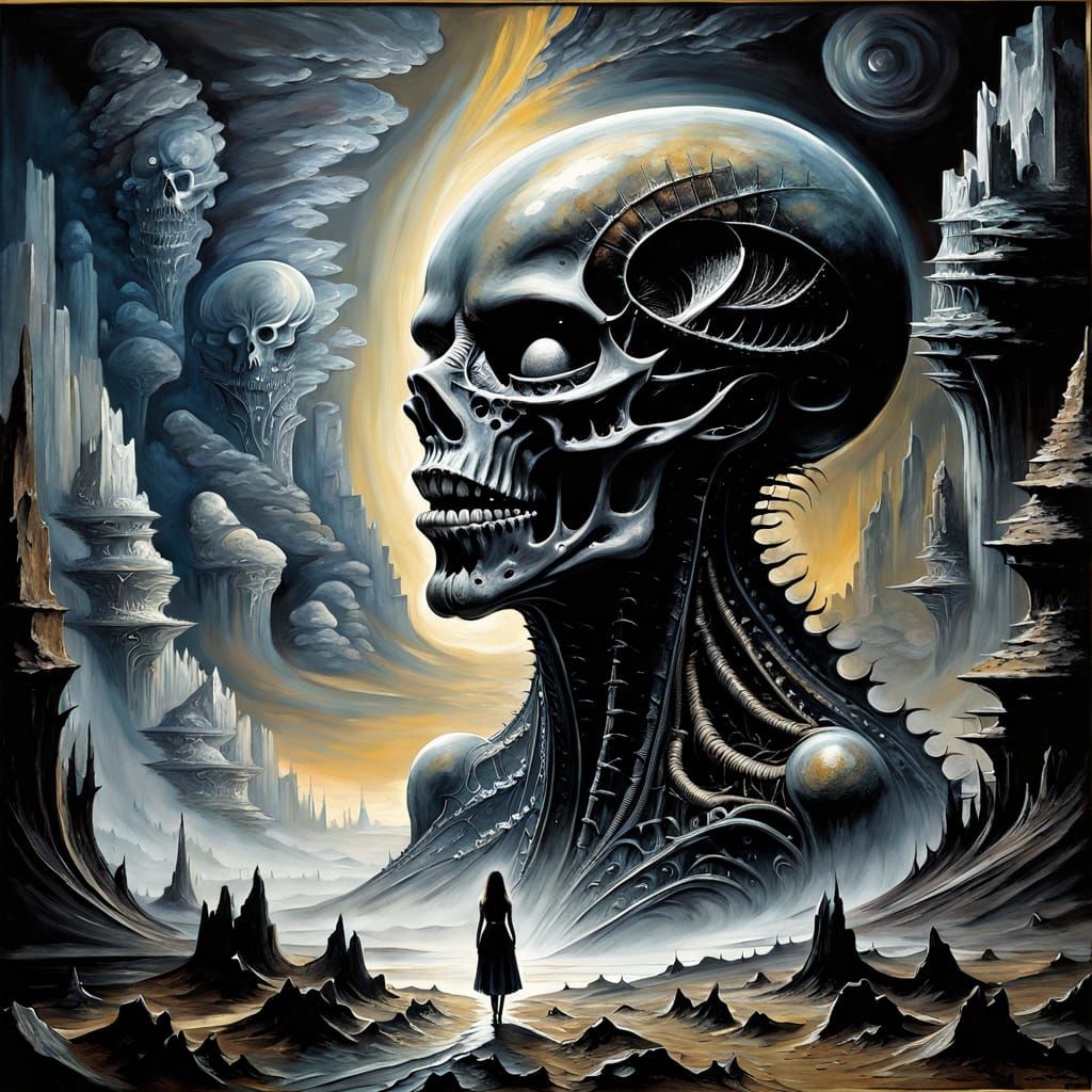 Colossal Shadowy Figure in Dark Fantasy Oil Painting