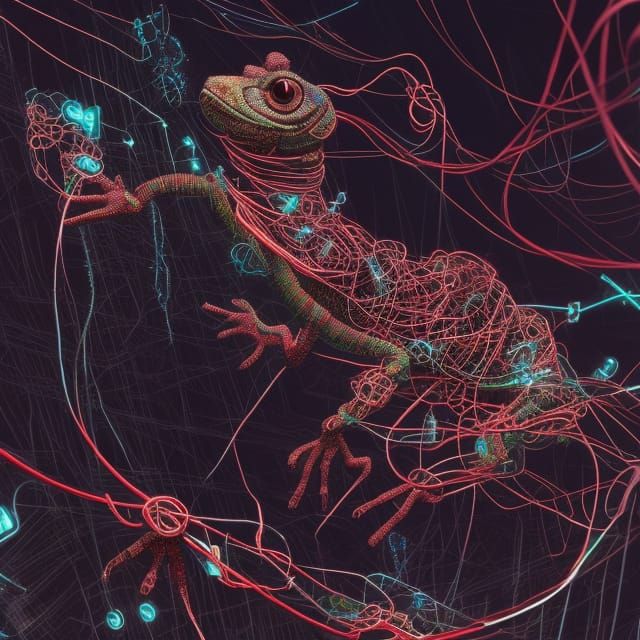 a highly detailed illustration of a cyberpunk lizard made of...