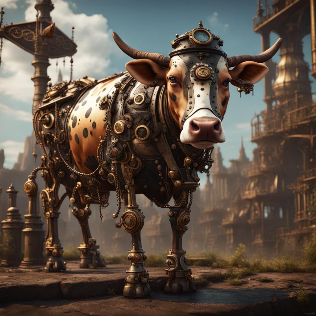 A spotted Steampunk cow - AI Generated Artwork - NightCafe Creator