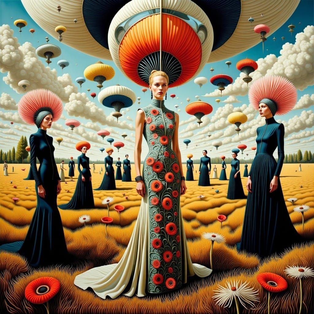 <lora:Surreal Sunday Flux:1.0> Surreal ink_splatter_art. Surreal fashion show in a surreal field, alien haute couture, Flying objects, Andre...