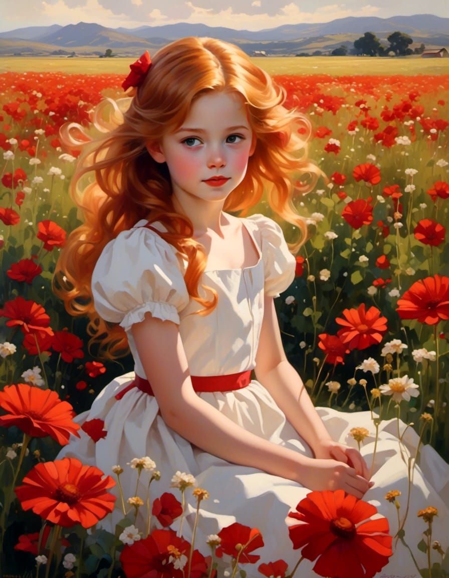 Anime Girl in Flower Field at Golden Hour