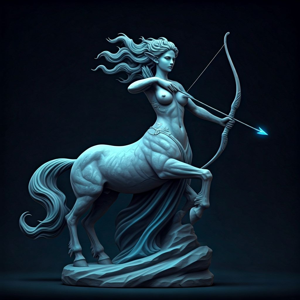 "A stunning, smooth statue of a female centaur, carved in graceful motion, her bow drawn and ready. The centaur’s body is slender and elegan...
