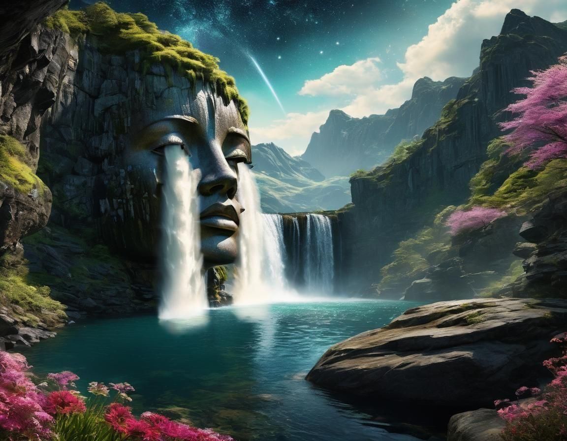 Crying stone face waterfall  by @Mi3ch
