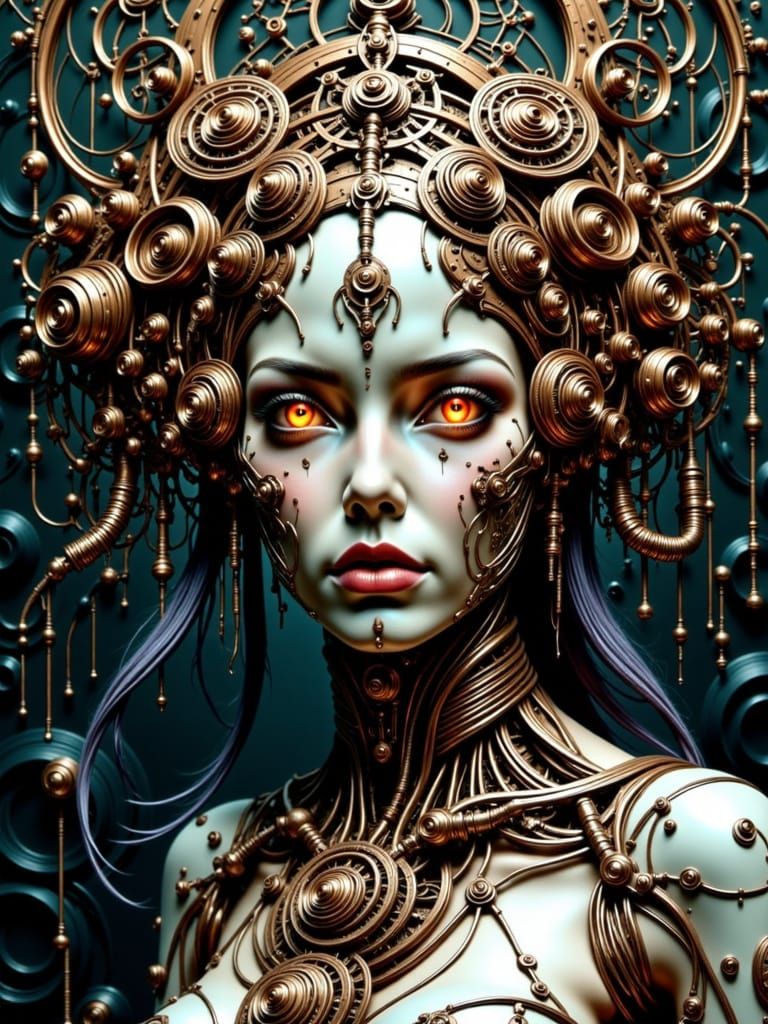 hyperdetailed Metaphysical Painting of a glowing cybernetic mechanical gothic Victorian beauty <lora:Atomatons:1.0> 
