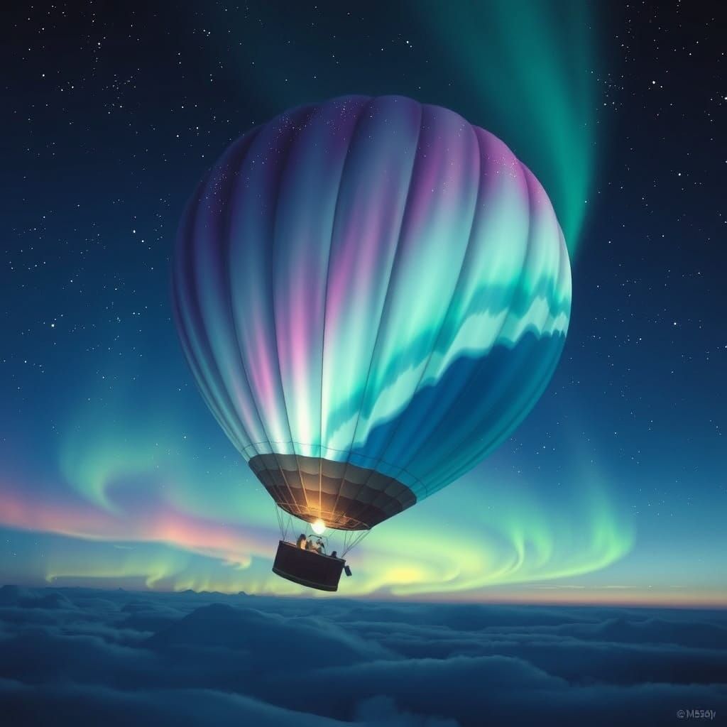 Hot Air Balloon at Night Under Aurora Borealis