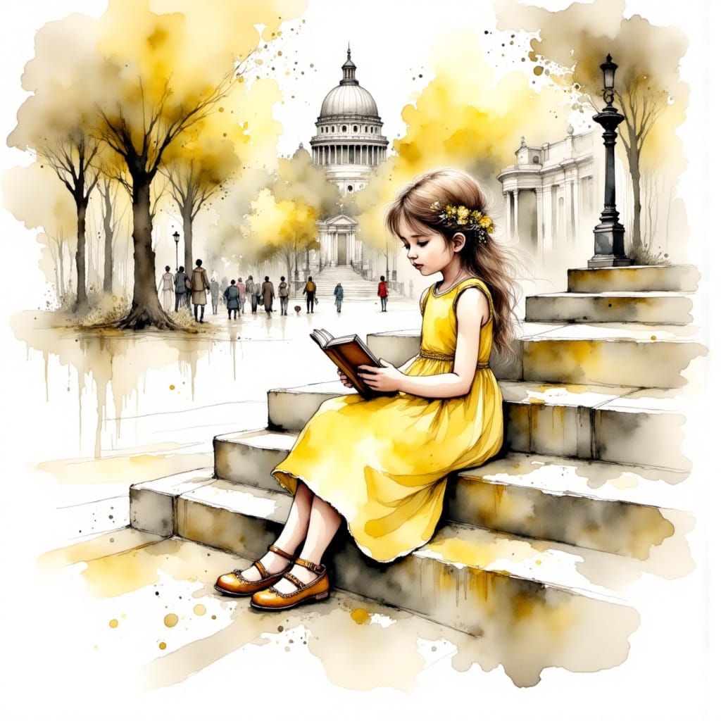 <lora:Experiment:1.0> Watercolour. Little girl in a yellow sundress reading a book on stone steps in Trafalgar Square. Chiara