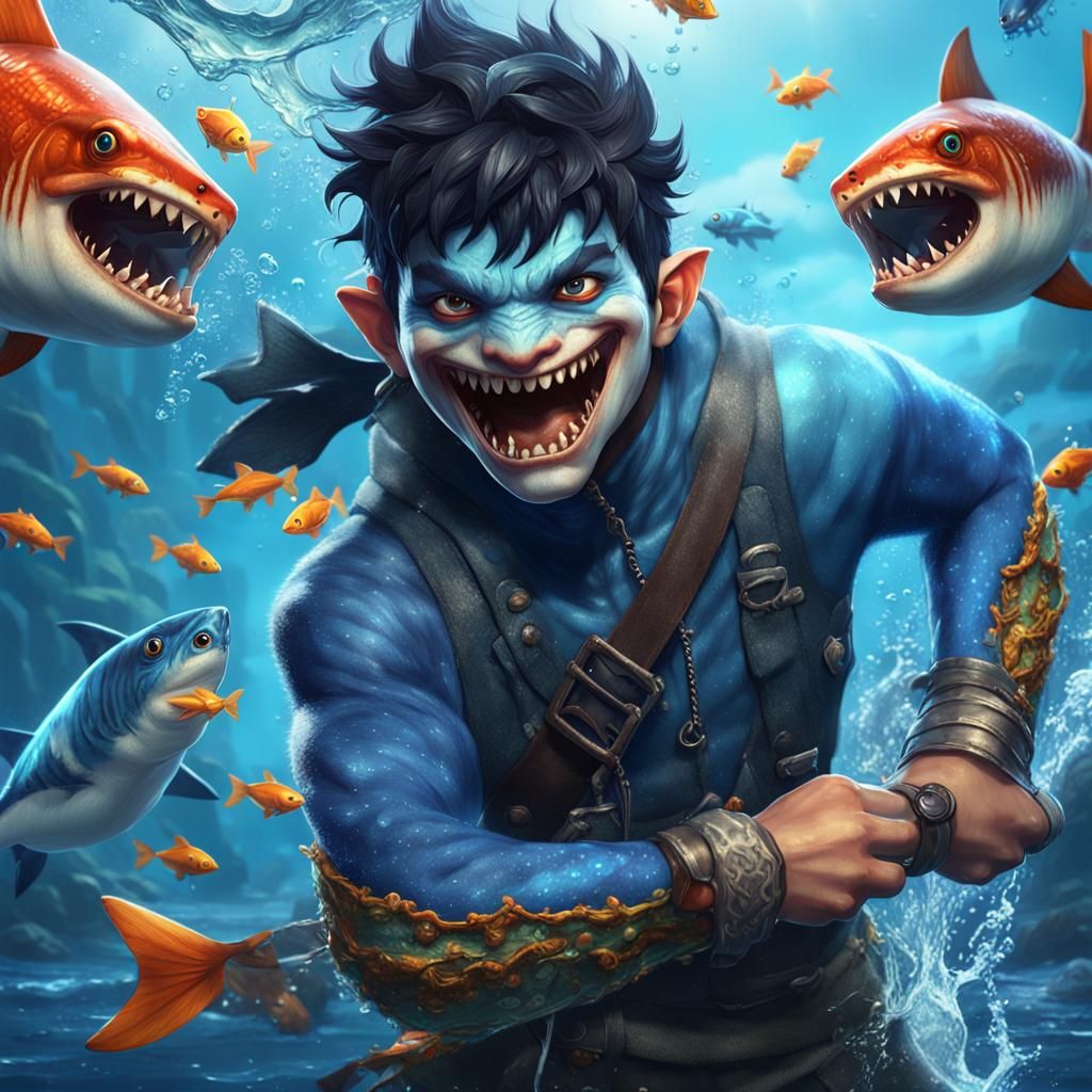 Half shark half human fishman student boy, with blue skin, black hair, sharp fangs, controlling water to make fishes, wi...