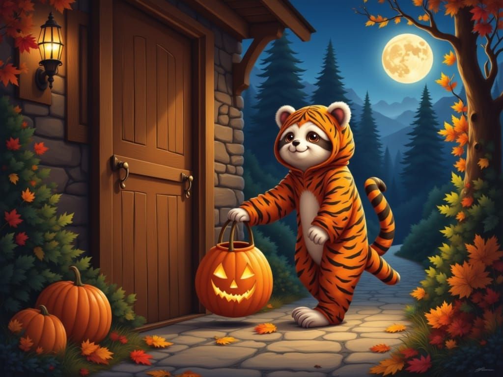 Anthropomorphic humanoid sloth, dressed as a tiger, holding a trick or treat bag out to the door in front of her, front facing, cute as can ...
