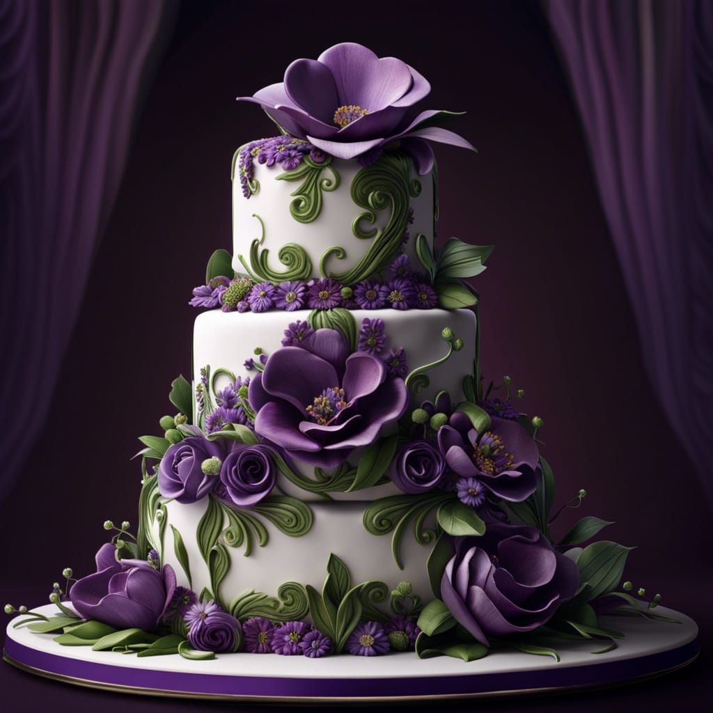 Wedding cake with purple fondant sculpted flowers