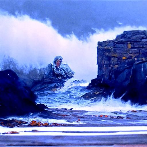 Widow staring at a raging stormy sea