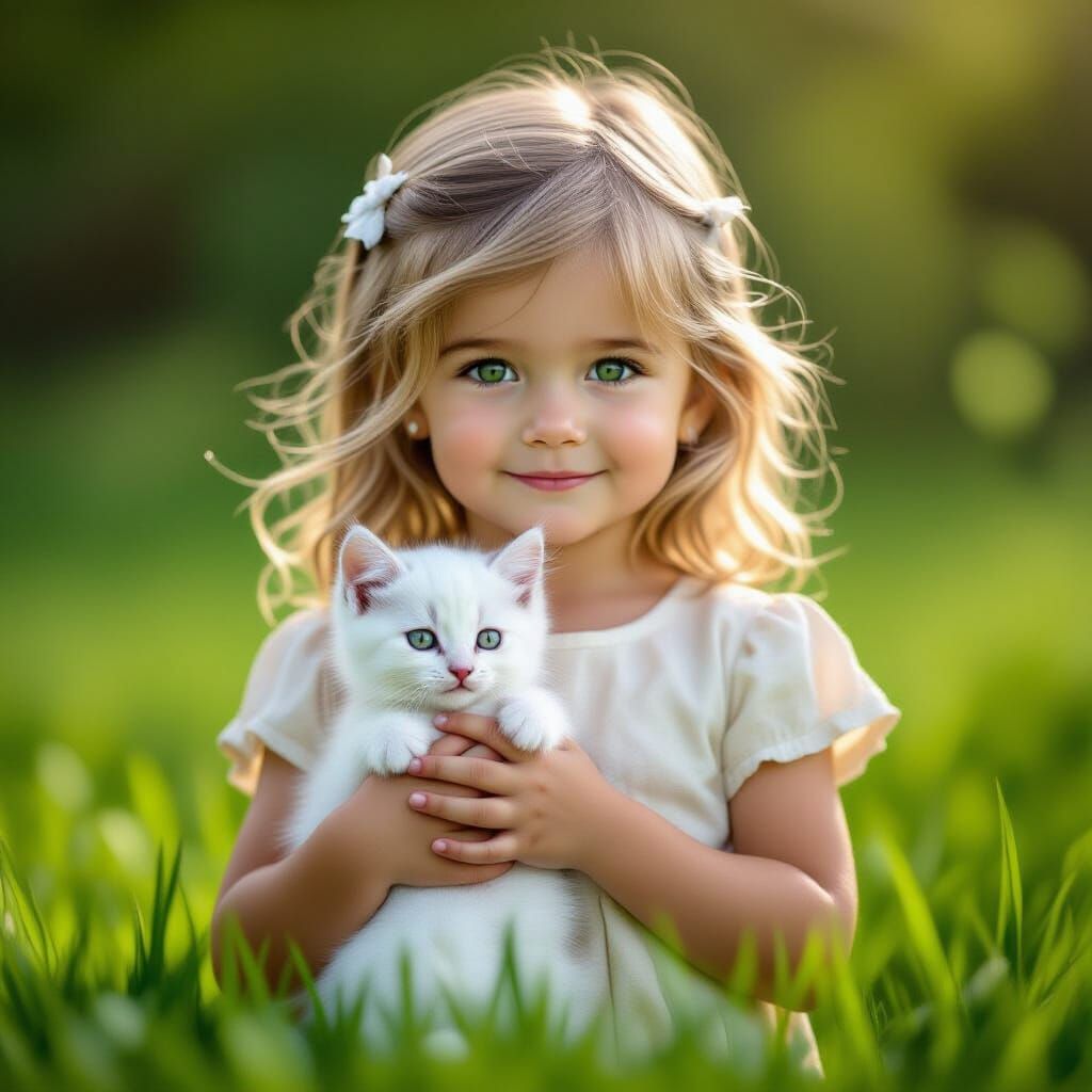 Realistic Girl Holds White Kitten on Green Grass