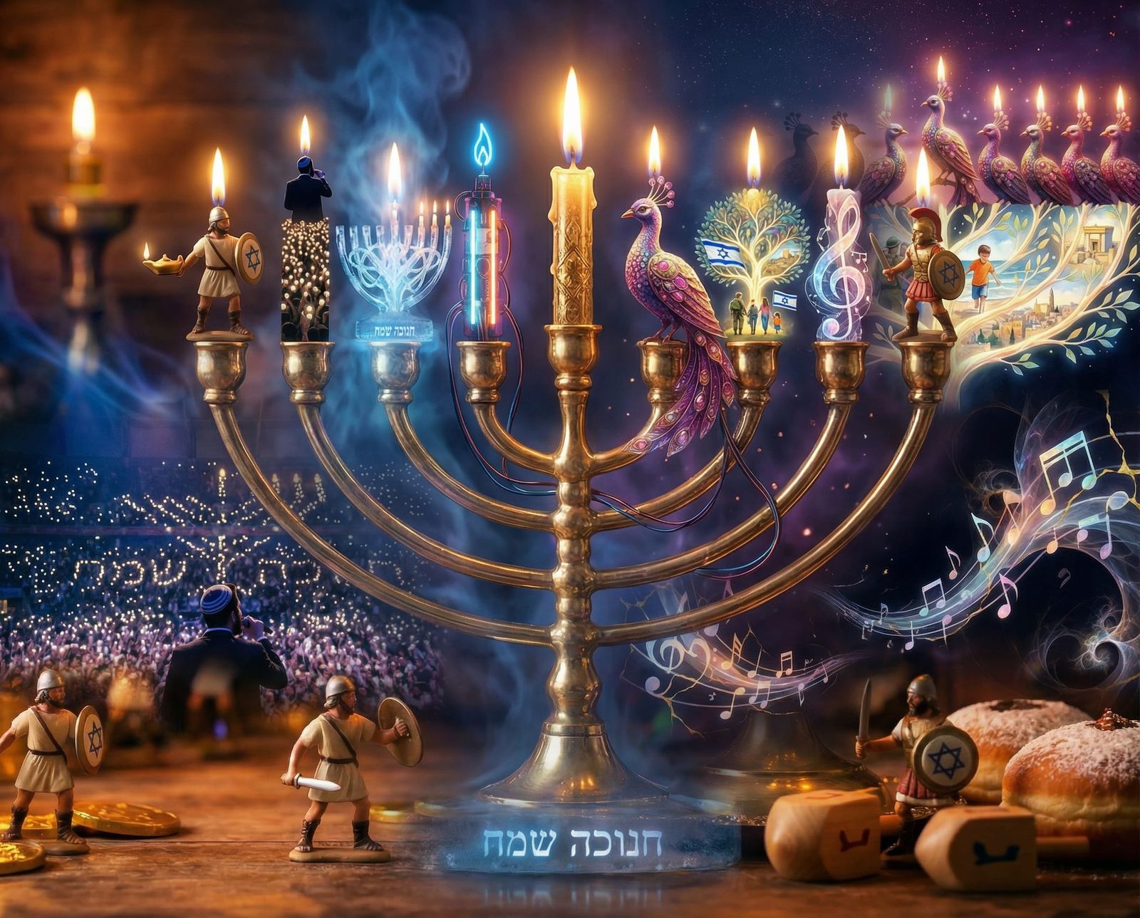 Hanukkah Menorah With All Candles Lit in Varied Styles