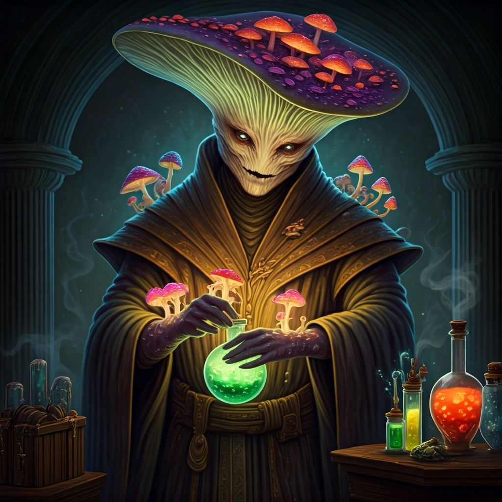 A myconoid alchemist who uses mushrooms to create potions with powerful properties. His hat is tall and thin, decorated with vibrantly color...