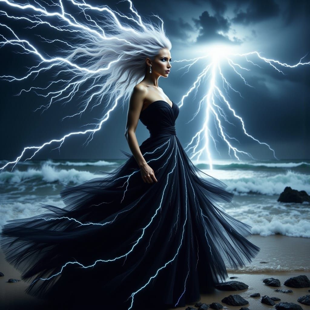 <lora:Electrifying:1.0>A beautiful woman with electrifying silver hair, an oversized electrifying black dress in an electrifying storm at th...