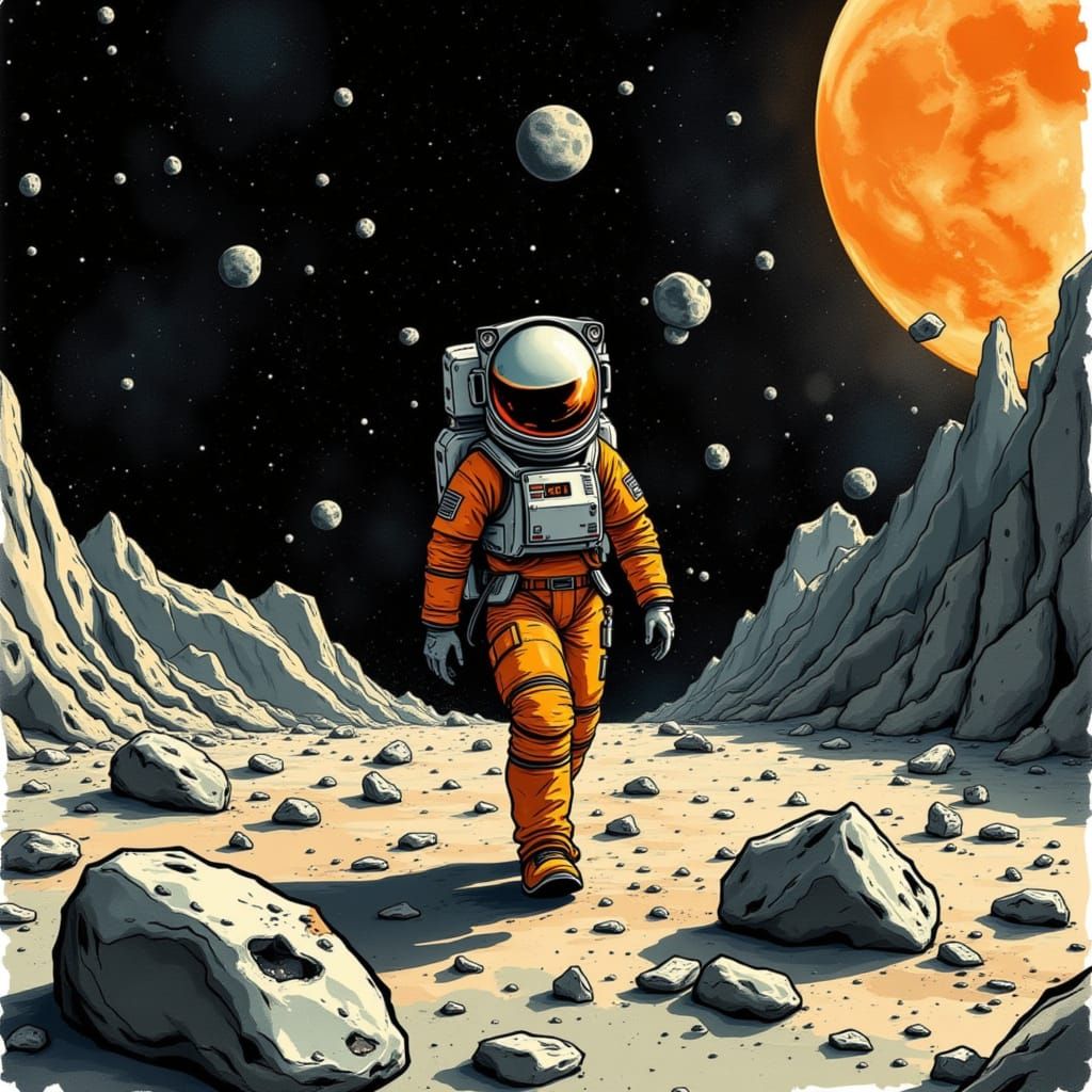 Burnt orange spaceman navigating an asteroid field <lora:Chaotic and Sporadic:1.0>