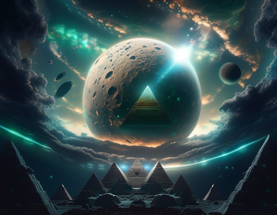 Deep blue green glow black sided pyramid glowing evening sky with lens flares on stars and lens flares on constellations of stars halo’s aro...