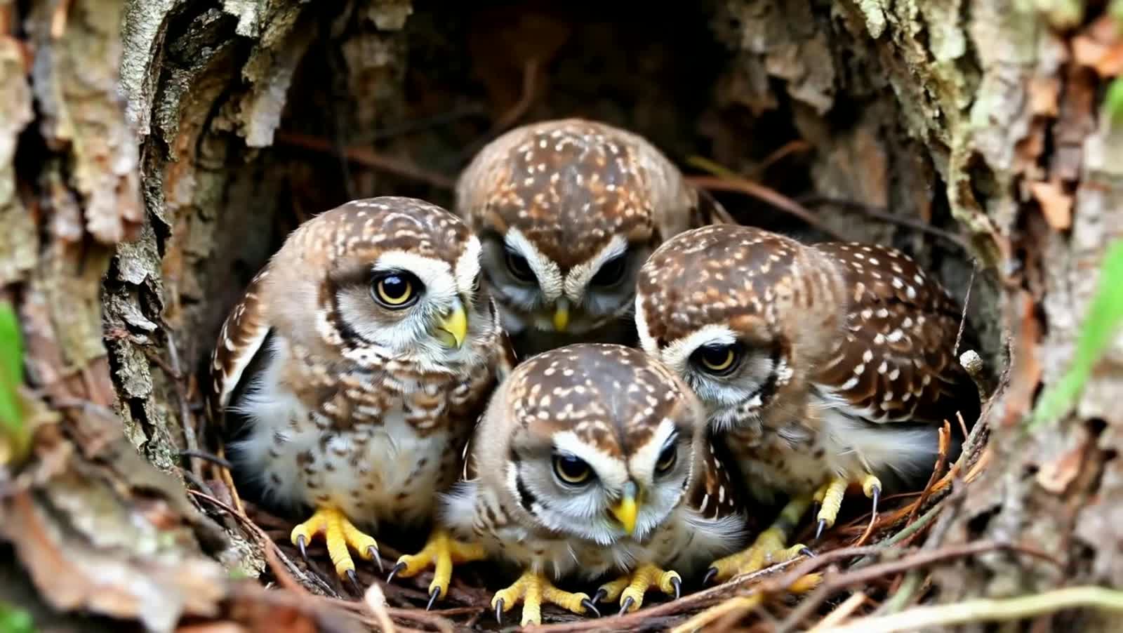 3 baby owls in a nest bobbing their heads up and down and looking around
