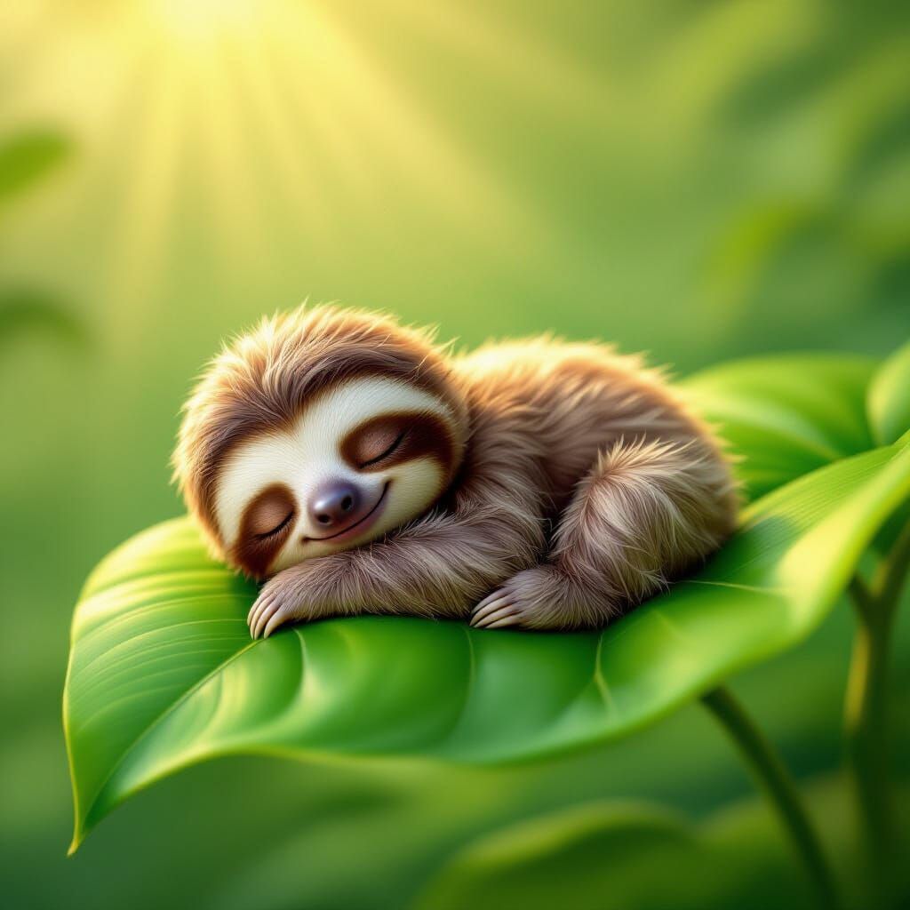 Adorable Baby Sloth Sleeping on Leaf in Pixar Style