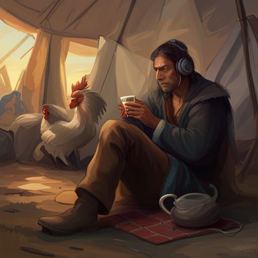 a native american sitting in a tepee drinking coffee. There’...