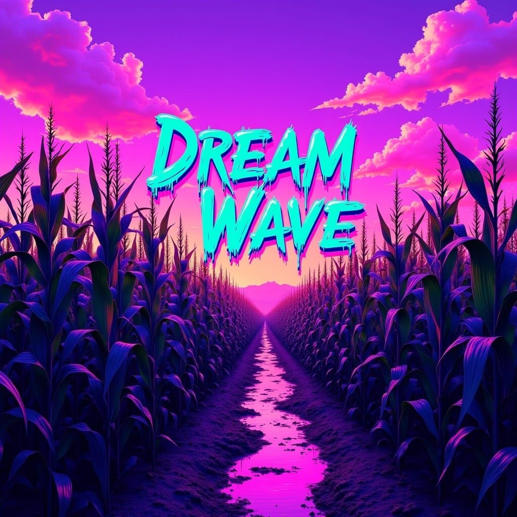 A stunning vaporwave style scene, the scene is beautiful with vibrant colors, the scene is of a cornfield, with immense detail, the sky is p...