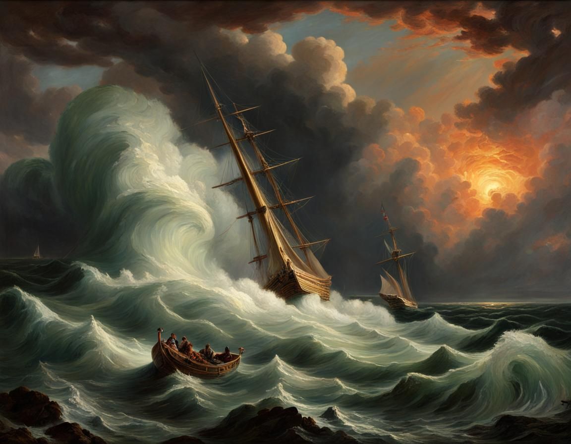 Masterpiece Oil Painting of George Philip Reinagle, Frederic Edwin Church: furious ocean, huge scary wave, gorgeous sail...