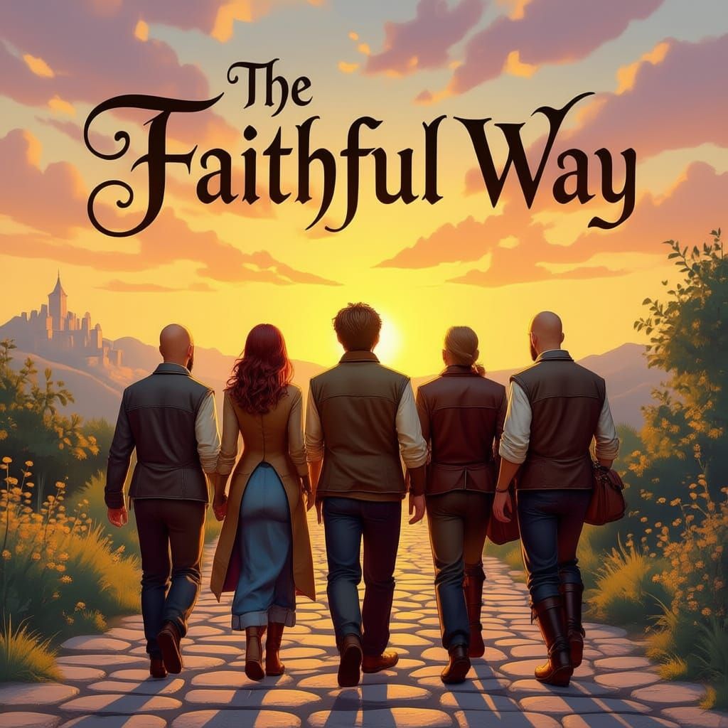 A group of 5-6 friends walking down a path toward a setting sun. Make them look like they are talking. Make one person carrying a leather bo...