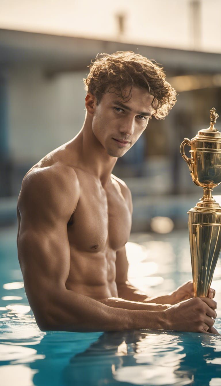 Shirtless muscular young swimmer holding a golden trophy at ...