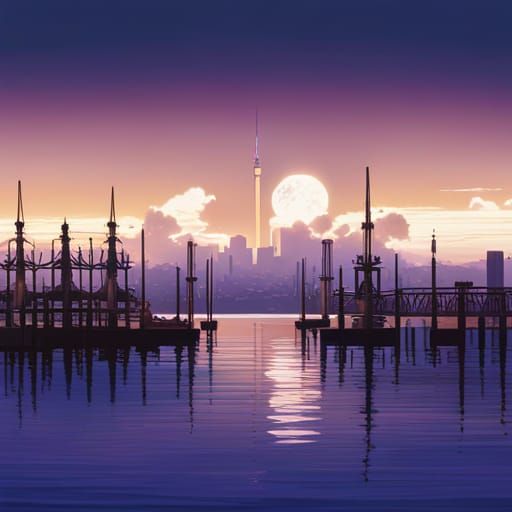 City skyline across the water at sunset