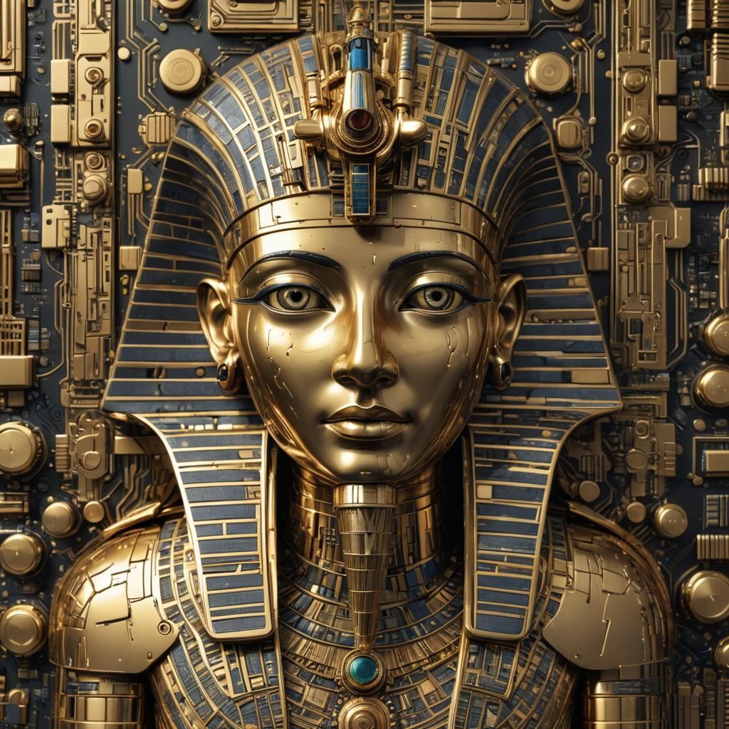Pharo Ramses III constructed of computer motherboard pattern...
