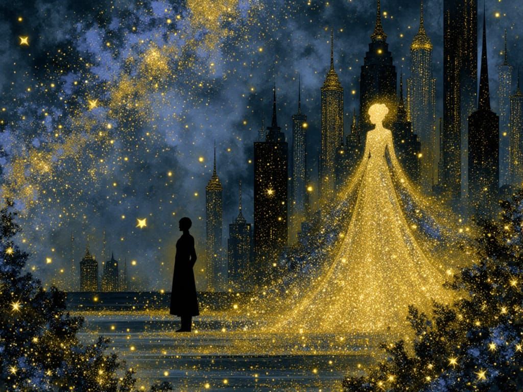 alcohol ink, surrealism, A dance of snow and stars in the city by Kazuo ooga, gold, filigree, elegant, alcohol ink, stardust, digital shot, ...