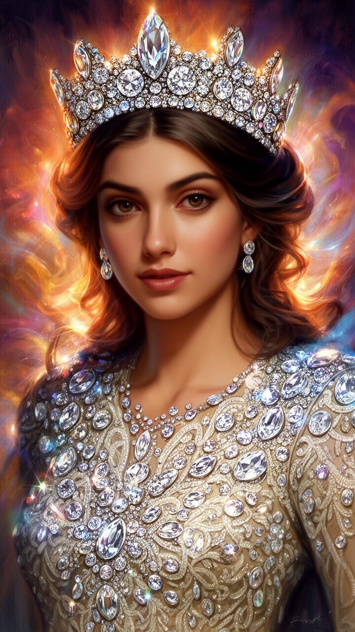 Regal Persian Woman in Diamond-Encrusted Gown and Crown
