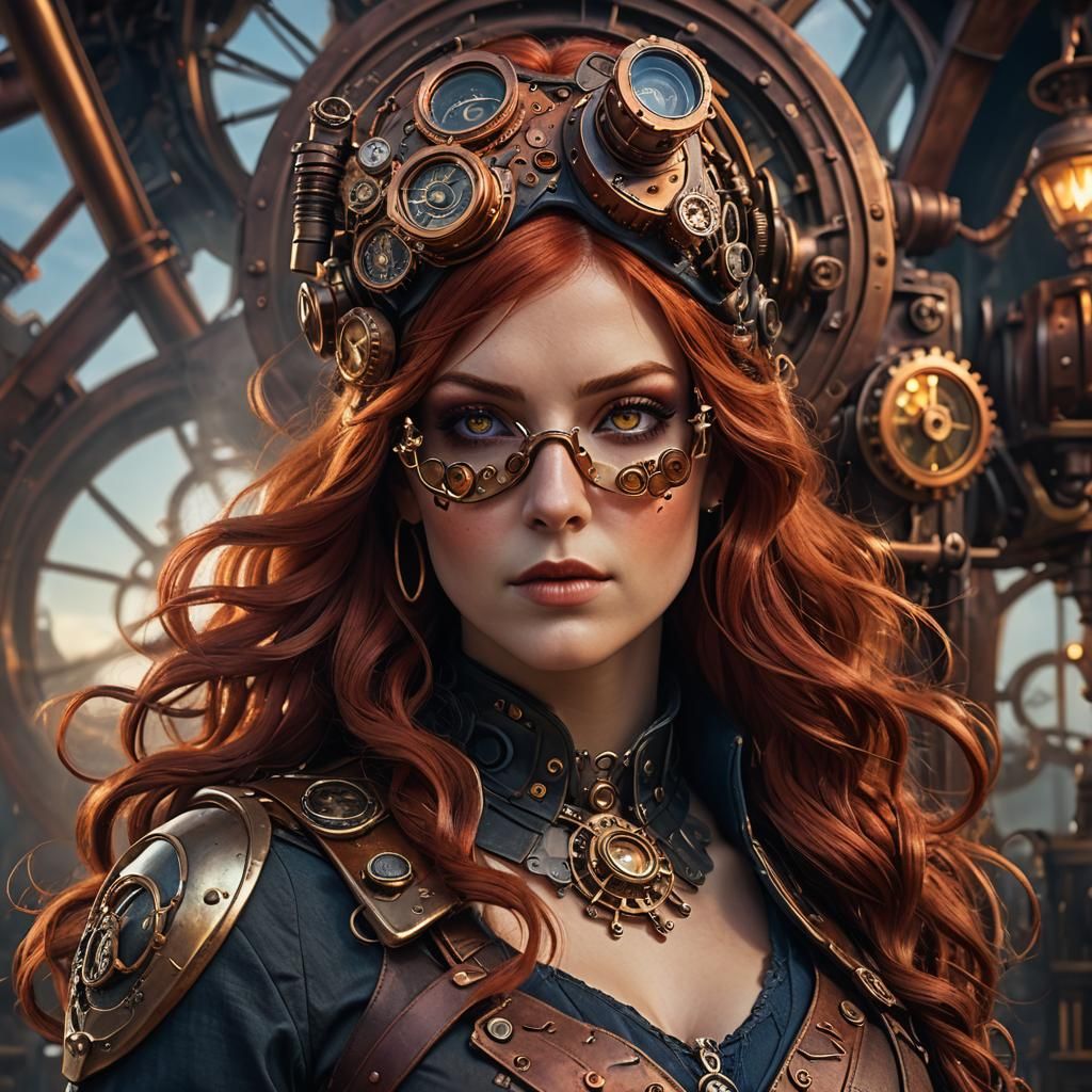 Crea mujer hermosa, de buena curva, de pelo rojo y ojos roji...