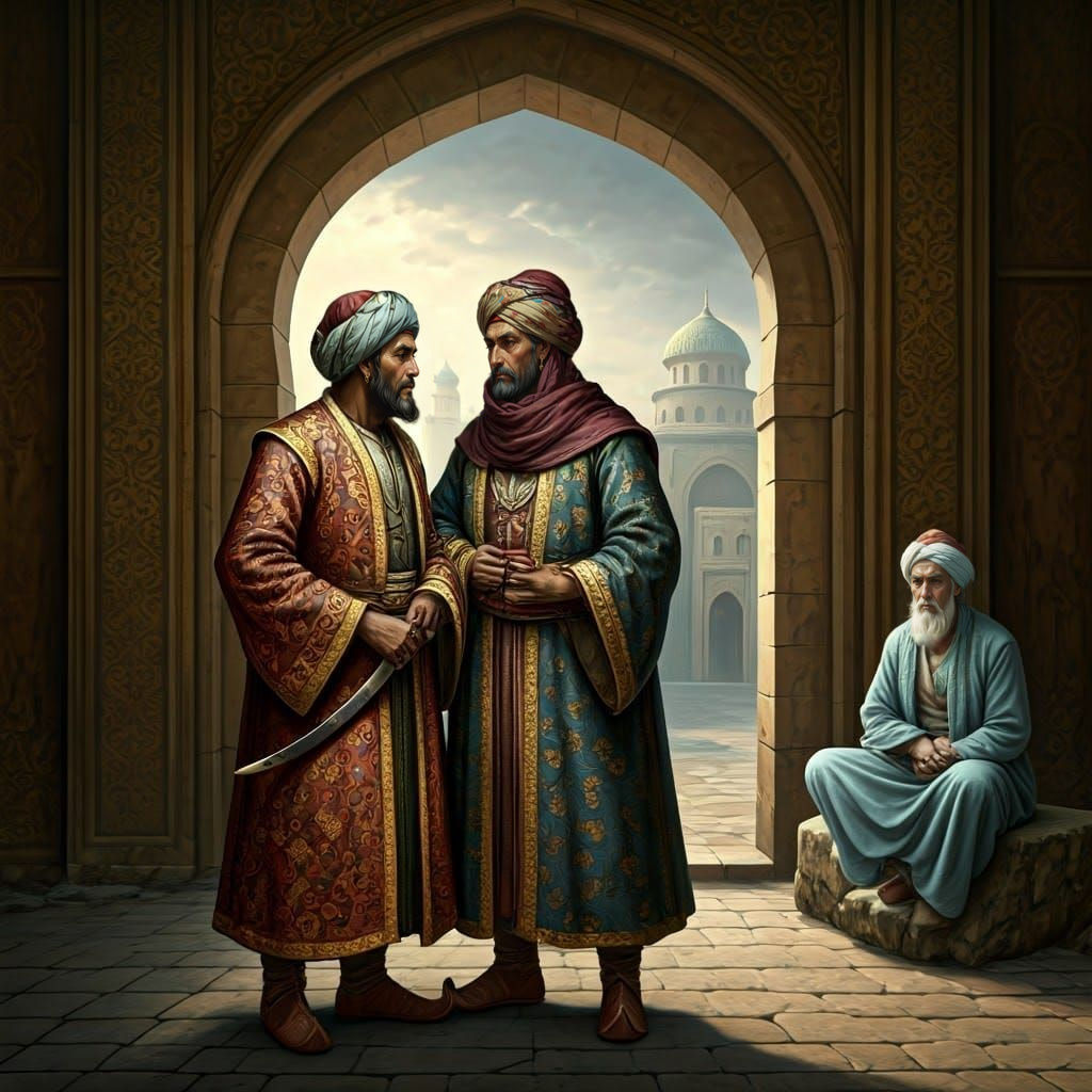 Majestic Nobles in Regal Attire Converse by Palace Gate