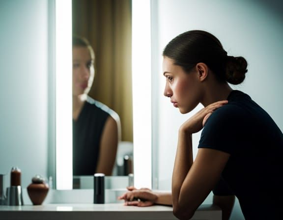 sad woman looking at her reflection in the mirror, center im...