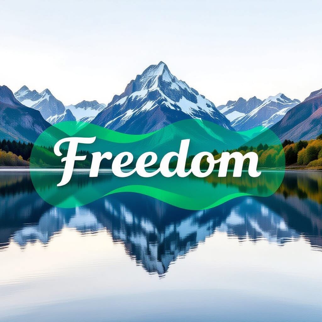 Gradual tinting of green with a wavy reflection as an empty background. Logo with italic and bold text Freedom. A beautiful, incredible land...