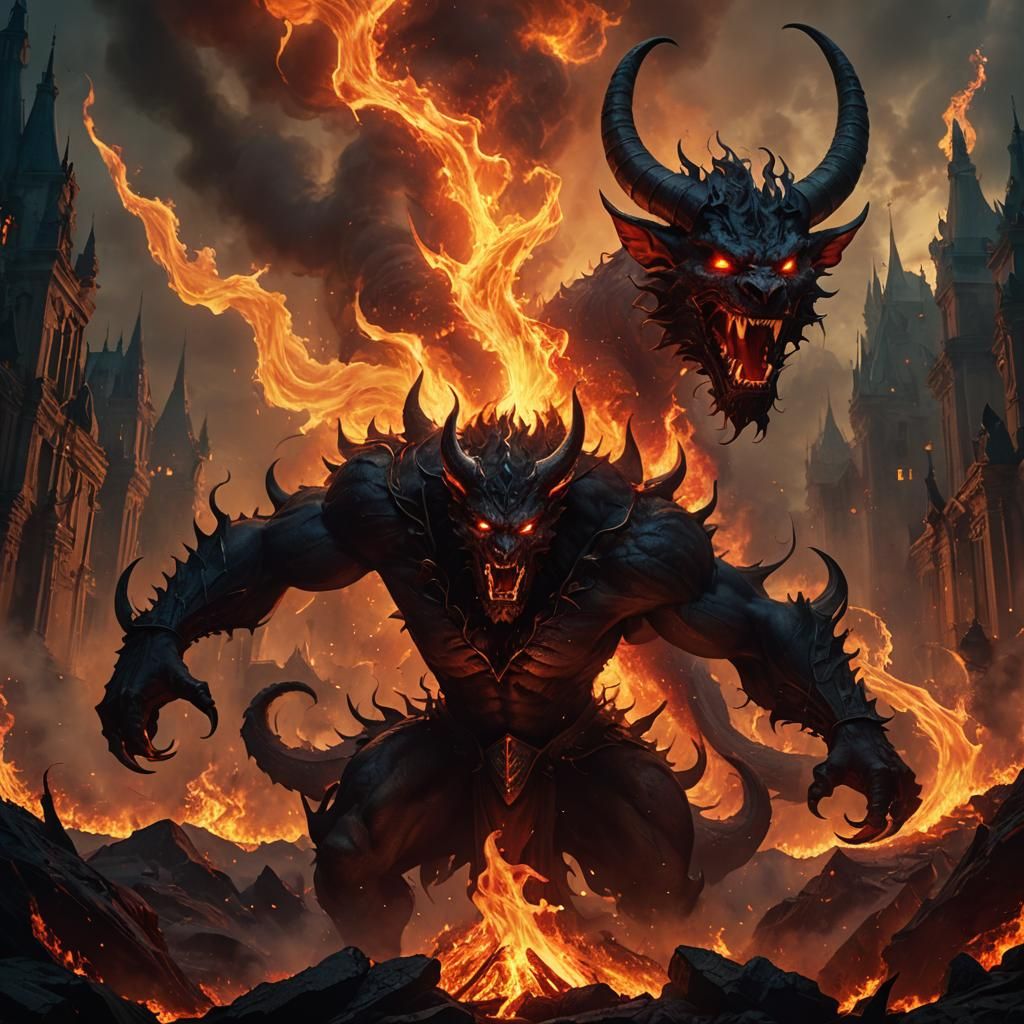 High fantasy epic dark fiery demon, glowing red eyes, toothy snarl, dark scenic fiery background, high detail, high quality, correct anatomy...