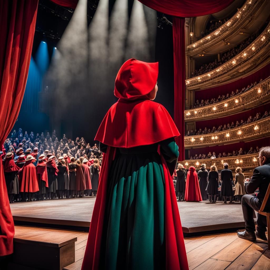 Rear view looking toward the stage of A small girl in a red ...