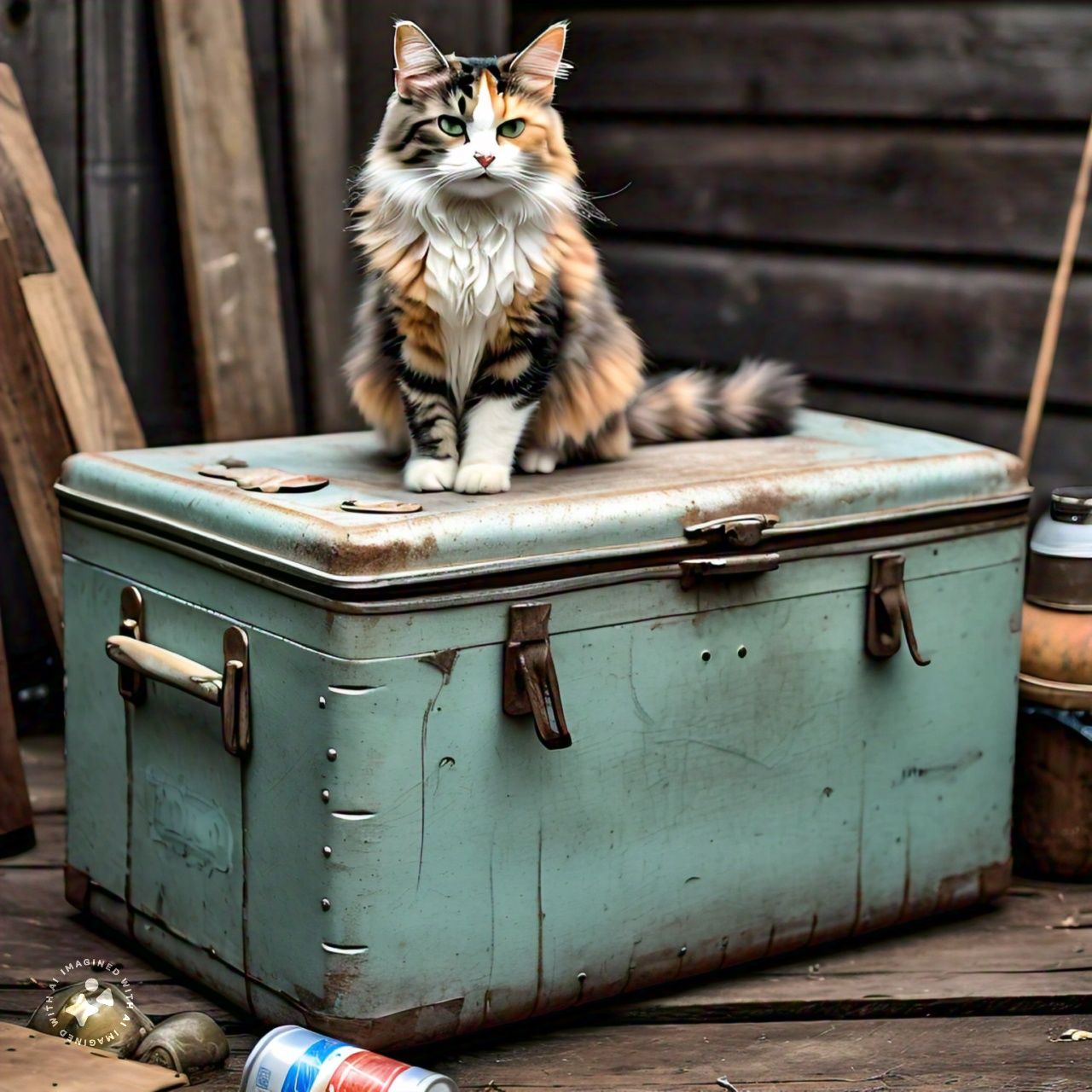 Calico cat sitting on an ice chest