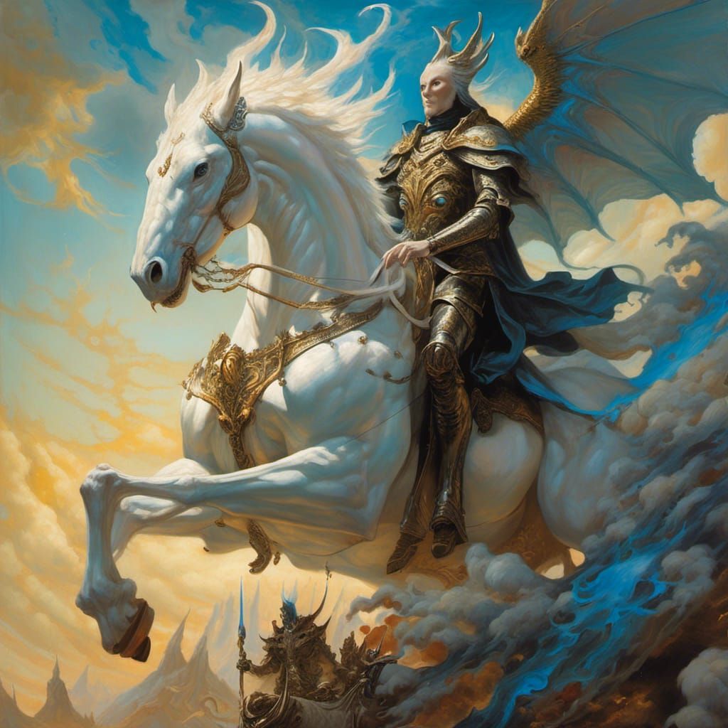 <lora:Dark Sinister:1.0> a close up of a painting of a person on a horse, white ghosthulk, creating an ominous presence, the suns light is c...