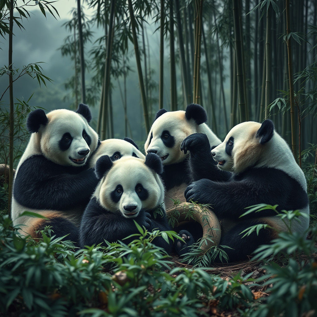 Pandas Play in Misty Bamboo Forest: Hyperrealistic HDR