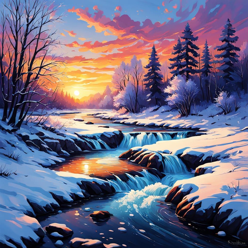 Vibrant Sunset Over Snowy Riverbanks in Impressionistic Styl...